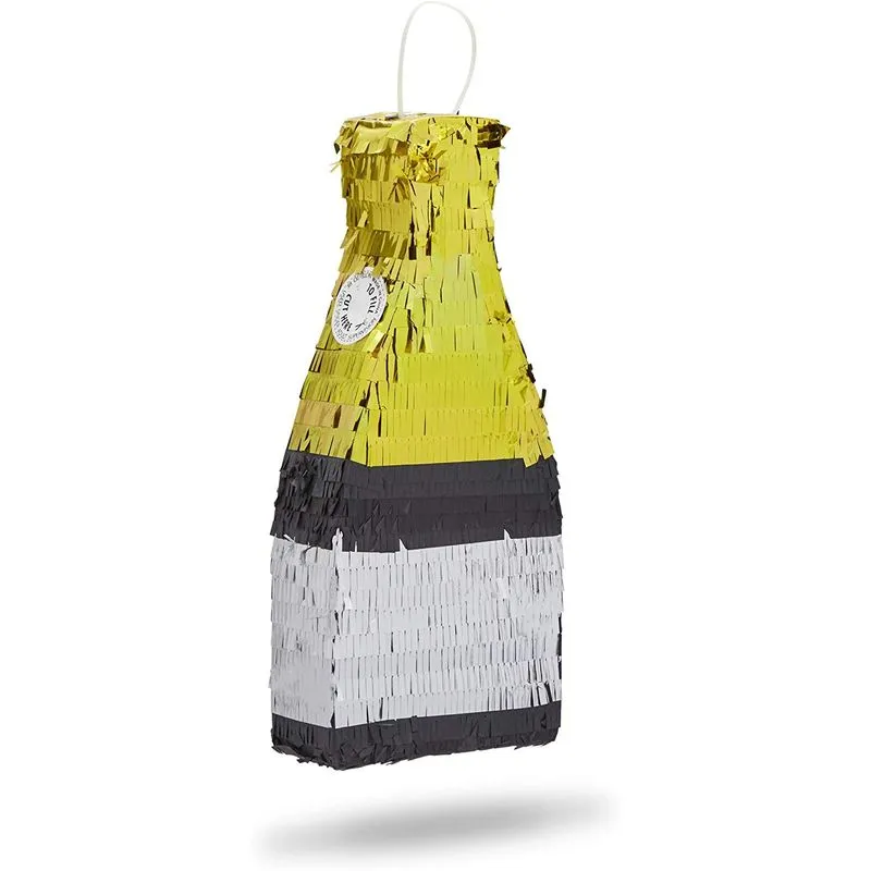 Happy New Year Small Champagne Bottle Piñata, NYE Party Decor (16.5 x 7 x 3.5 In)