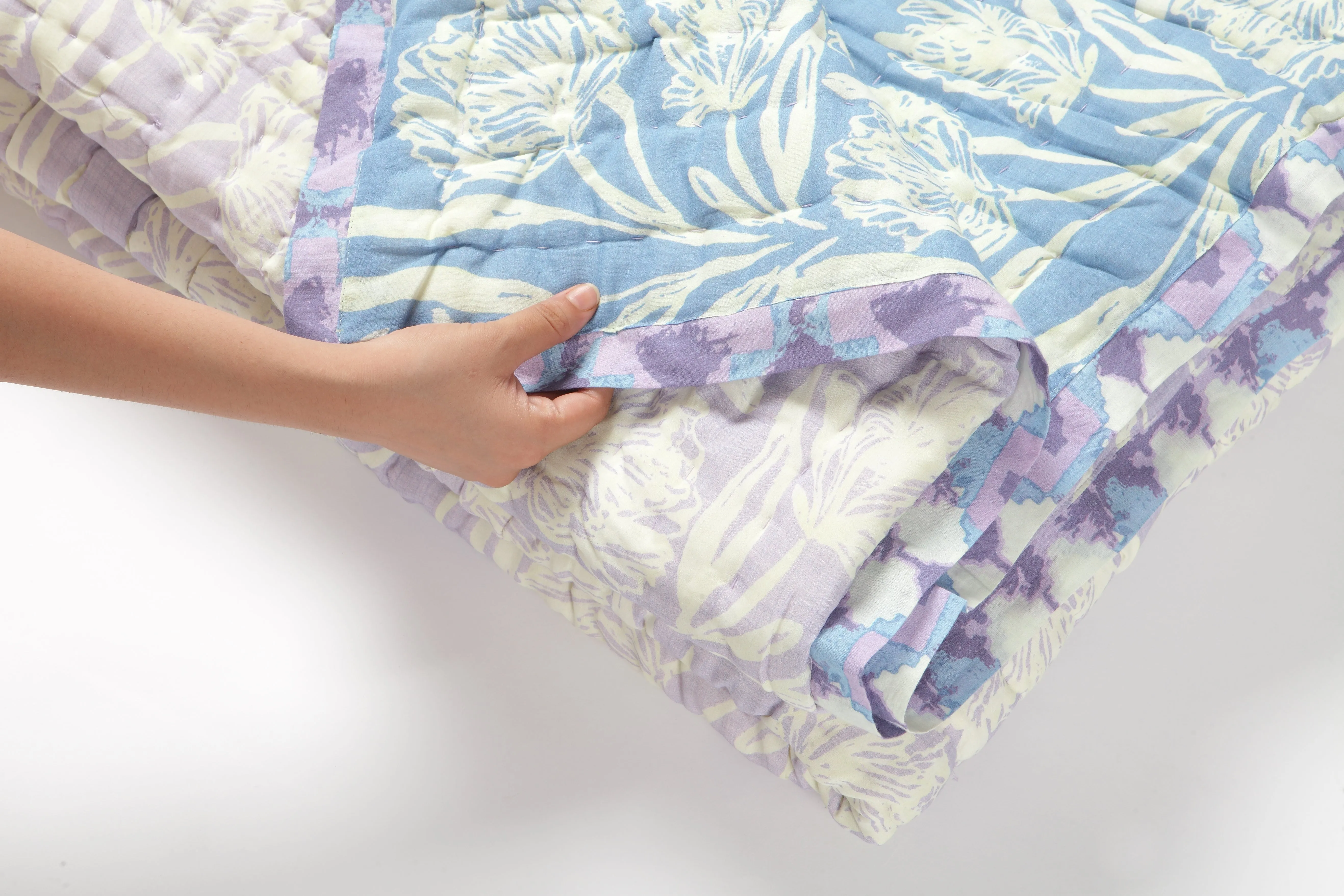 KALP PUSHP Lilac and Sky Silk Cotton Reversible Quilt