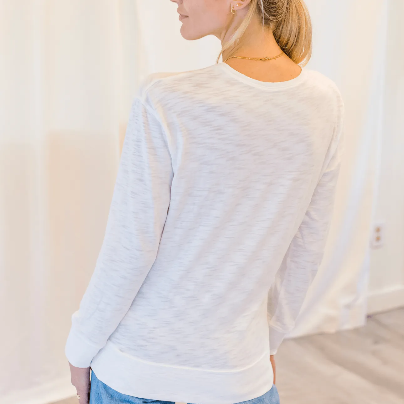 Long Sleeve Banded Tee in White Pima Cotton Slub