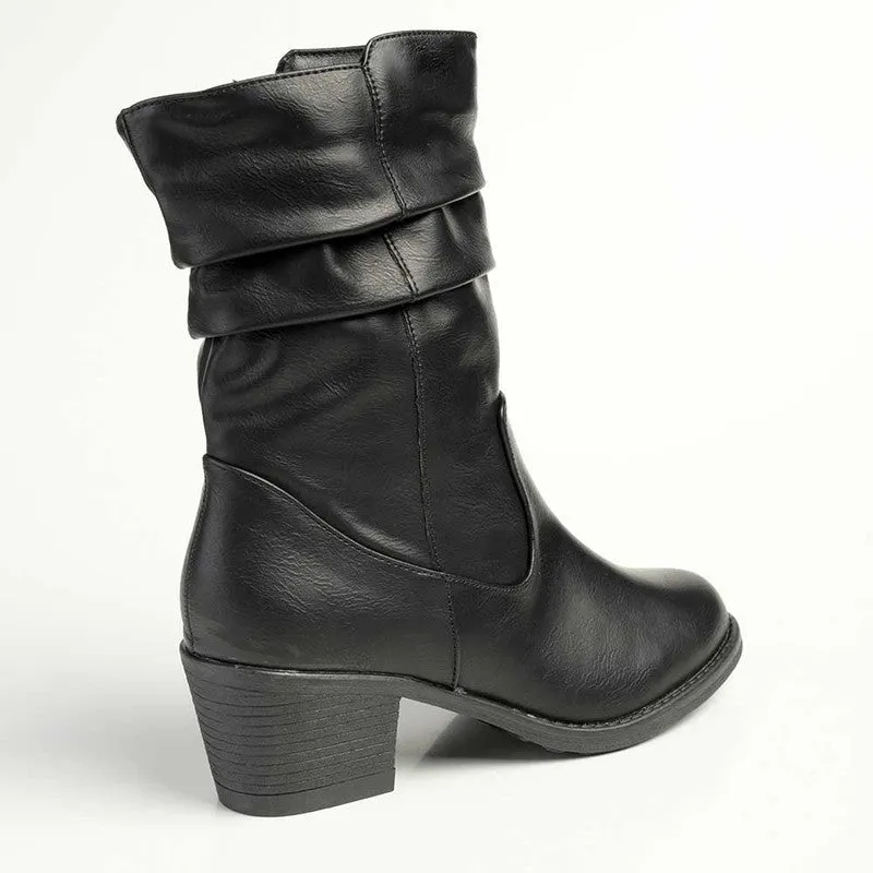 Madison Rouch Block Heel Shaft Boot - Black