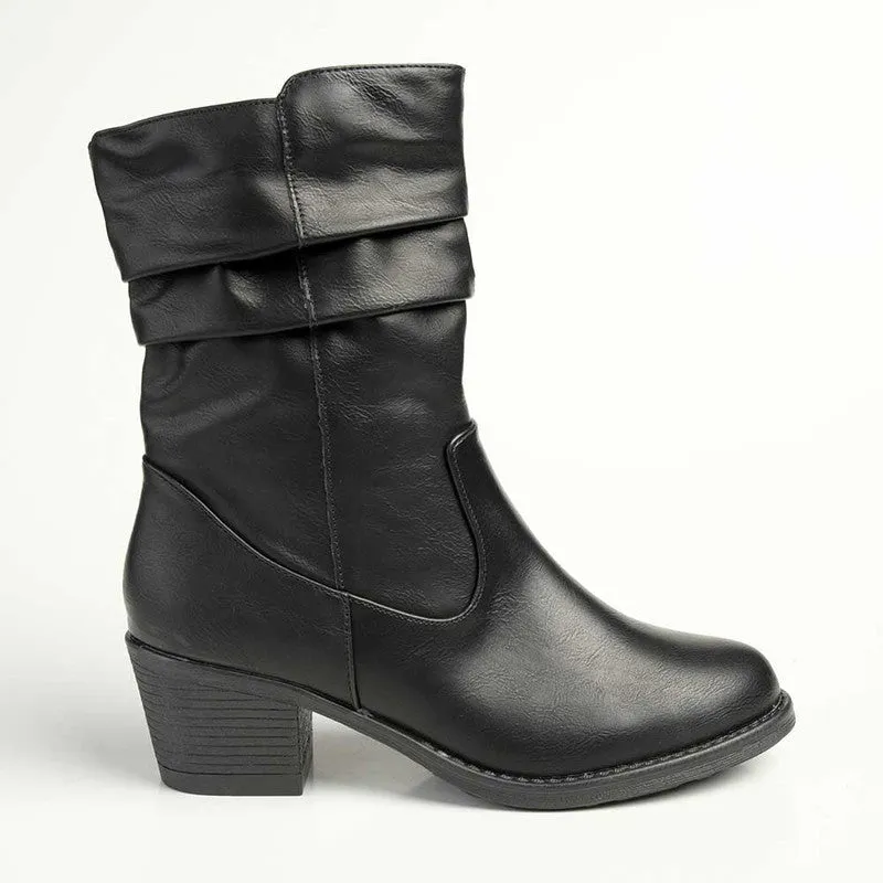 Madison Rouch Block Heel Shaft Boot - Black