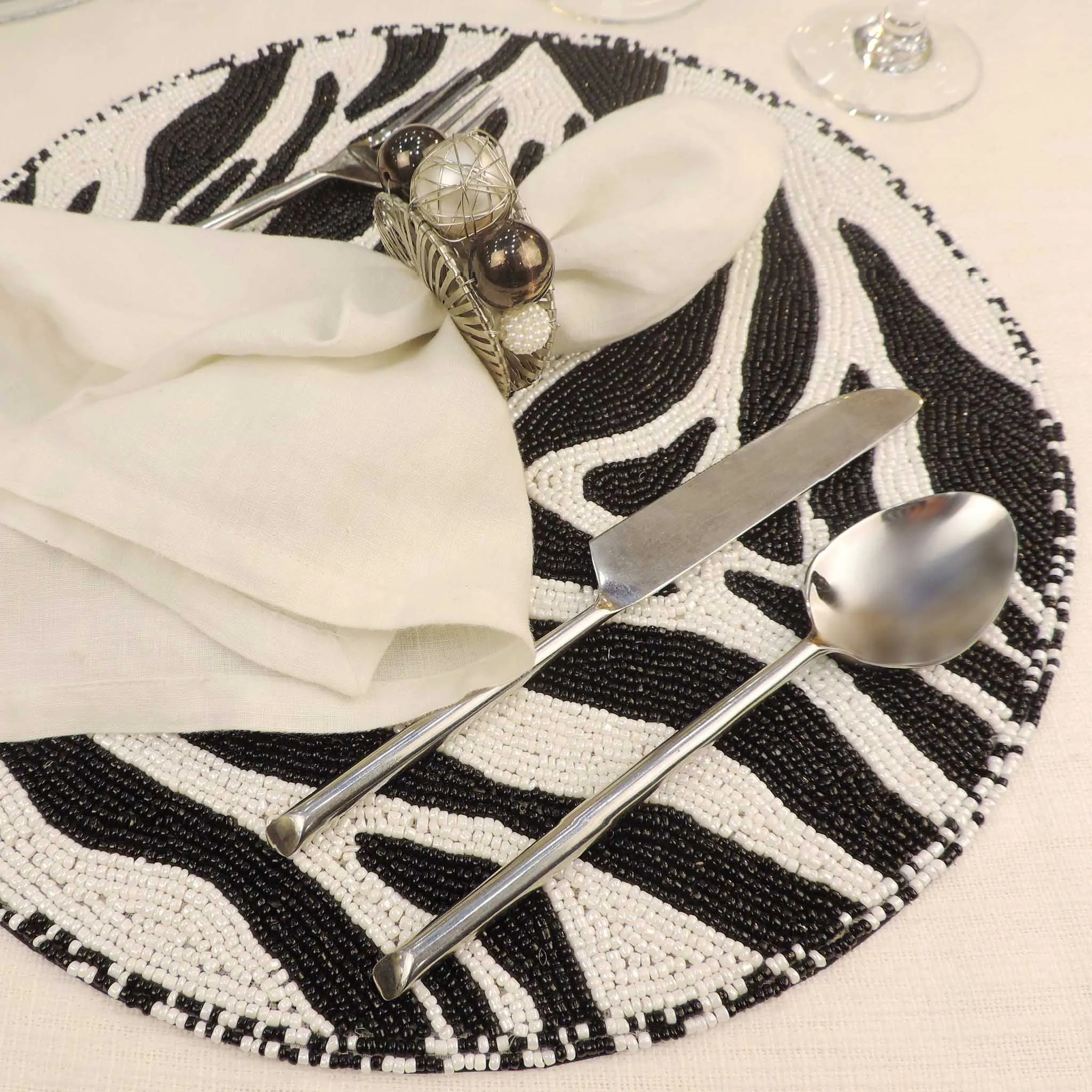 Modern Camo Glass Beaded Placemat in Black & White, Set of 2