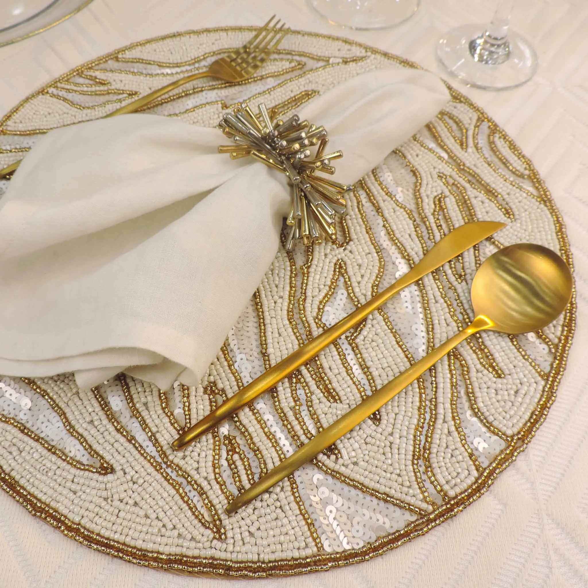 Modern Camo Glass Beaded Placemat in Cream & Gold, Set of 2