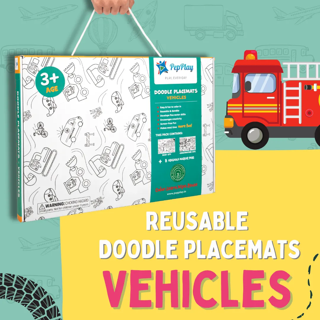 PepPlay Doodle Placemats Set– Vehicle Series (DIY Drawing Kit)