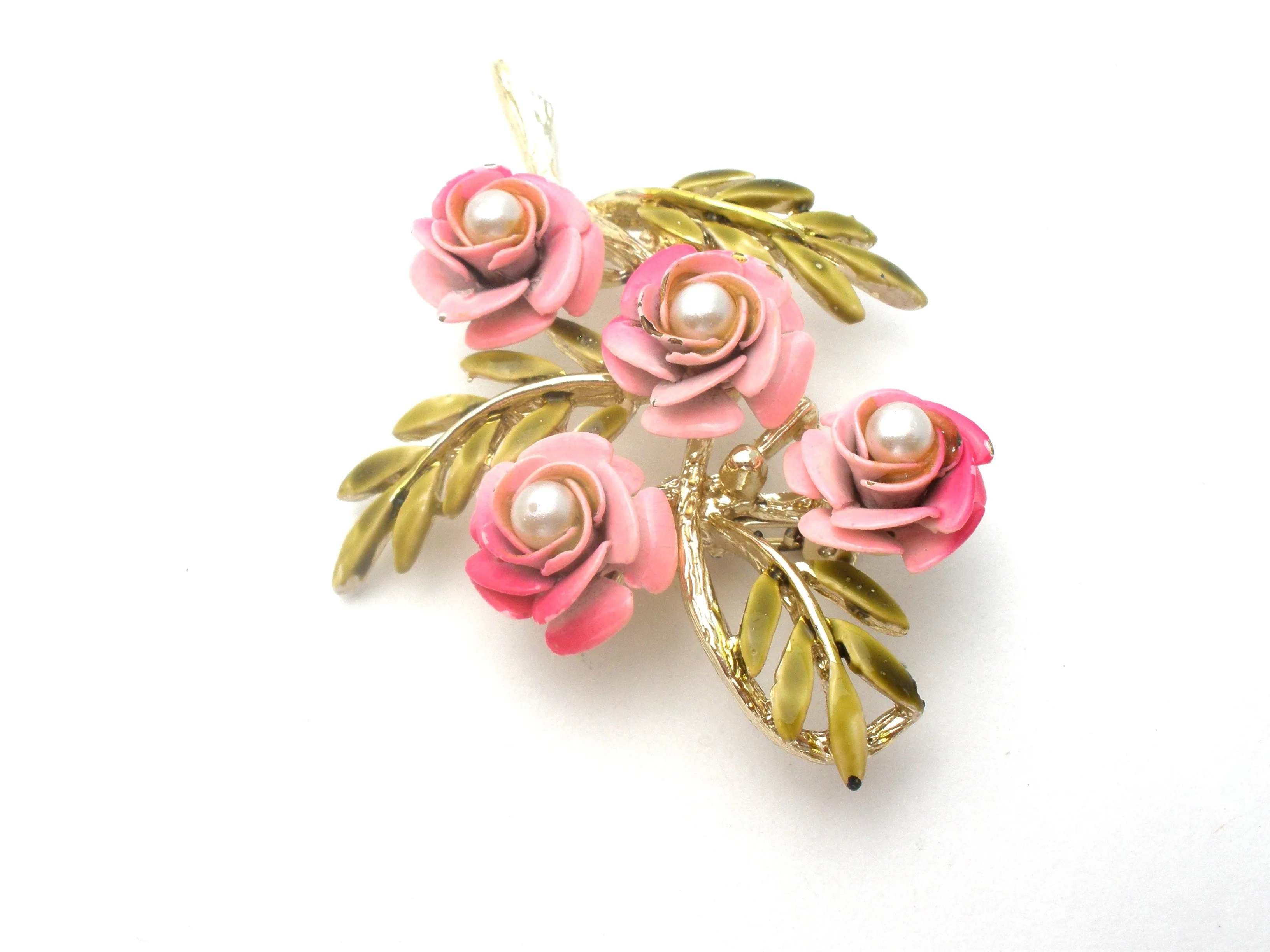 Pink Enamel Pearl Flower Brooch Set