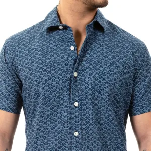 "NOLAN" - Tonal Blue Traditional Japanese Wave Print Short Sleeve Shirt - Made In USA