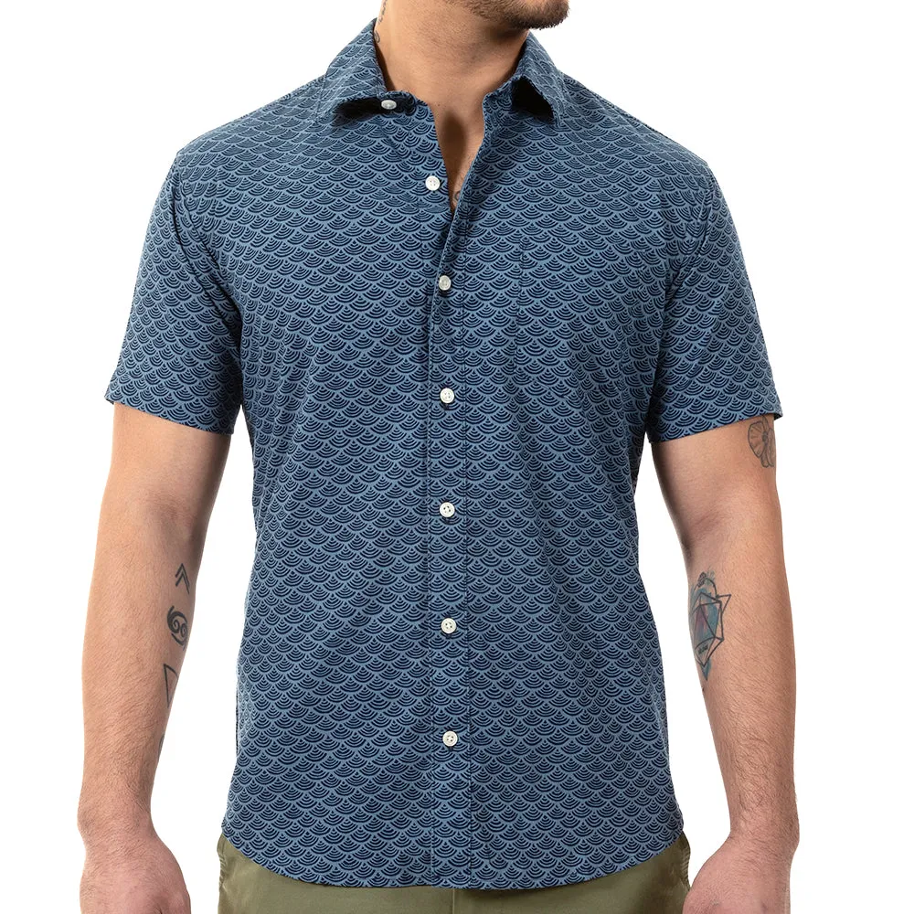 "NOLAN" - Tonal Blue Traditional Japanese Wave Print Short Sleeve Shirt - Made In USA