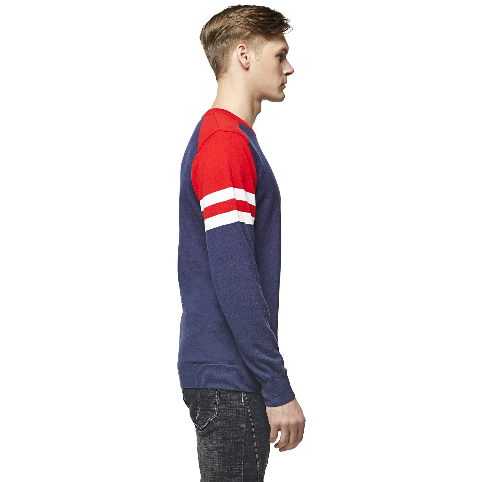 Red, Navy and White Hoop Sleeve Baseball Sweater