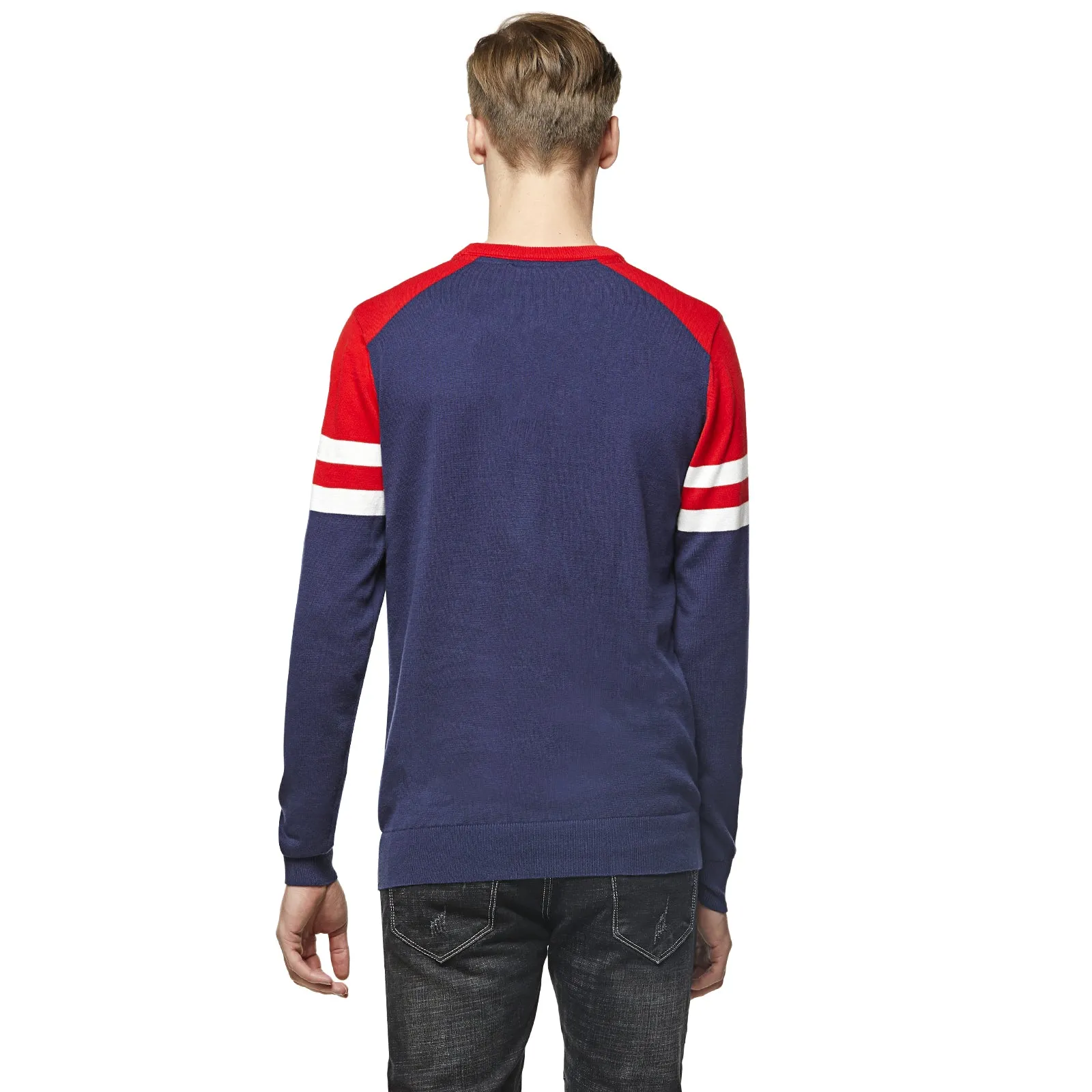 Red, Navy and White Hoop Sleeve Baseball Sweater