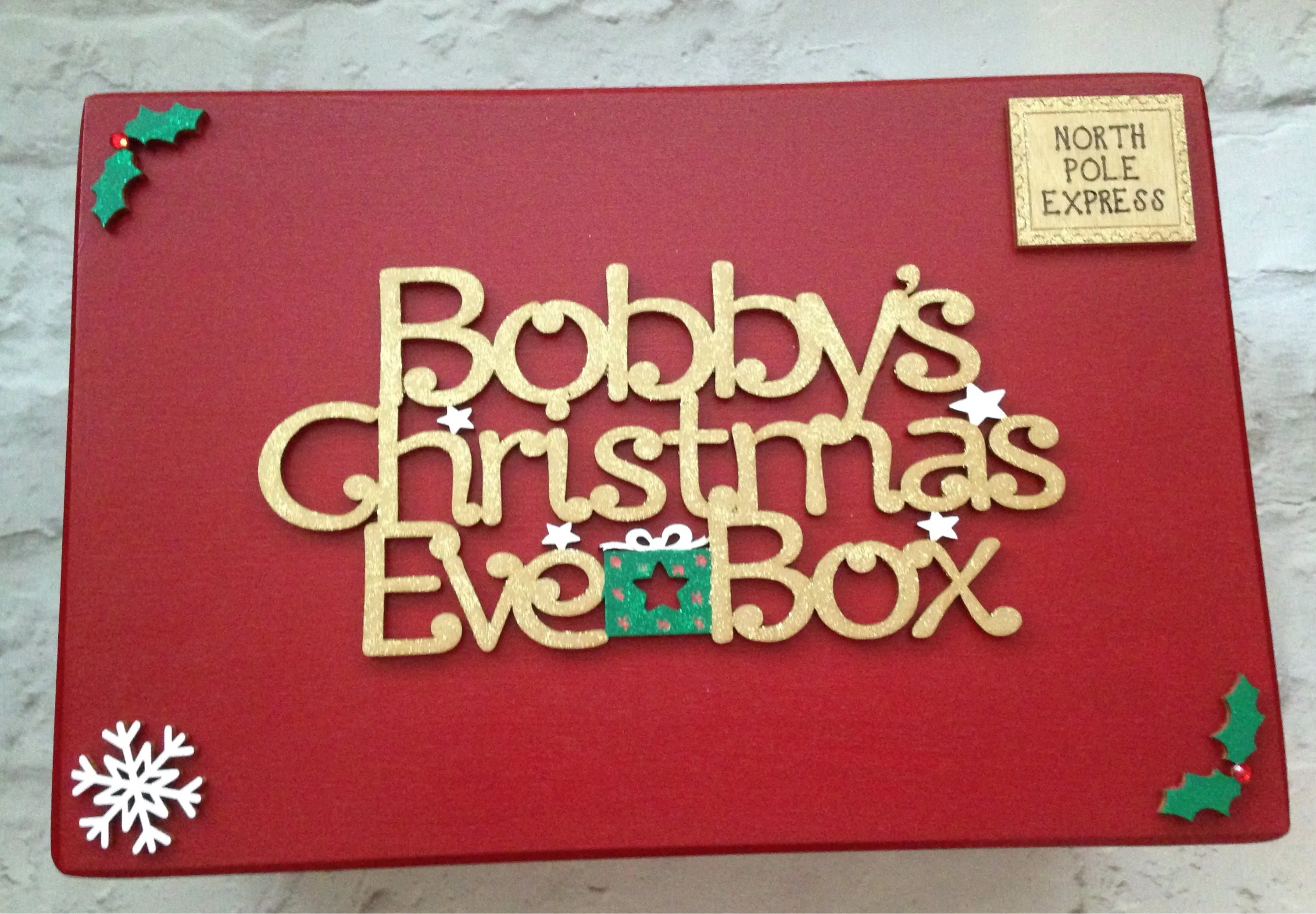 Red Wooden Christmas Eve Box With Personalised Topper