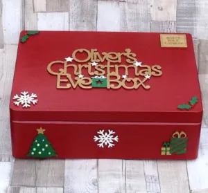 Red Wooden Christmas Eve Box With Personalised Topper