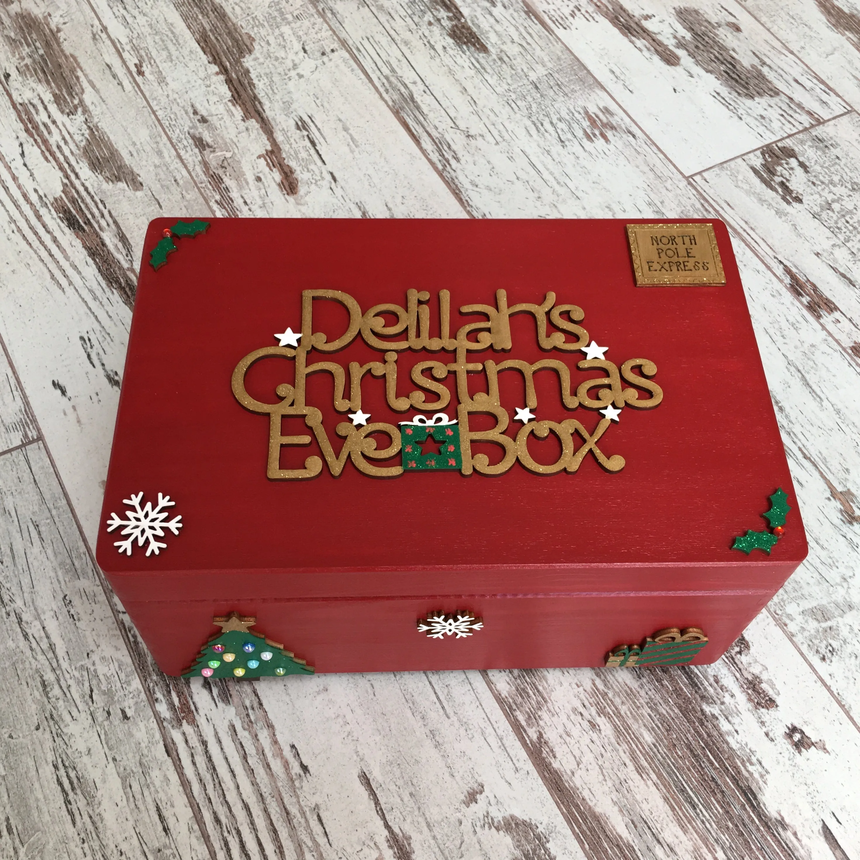 Red Wooden Christmas Eve Box With Personalised Topper