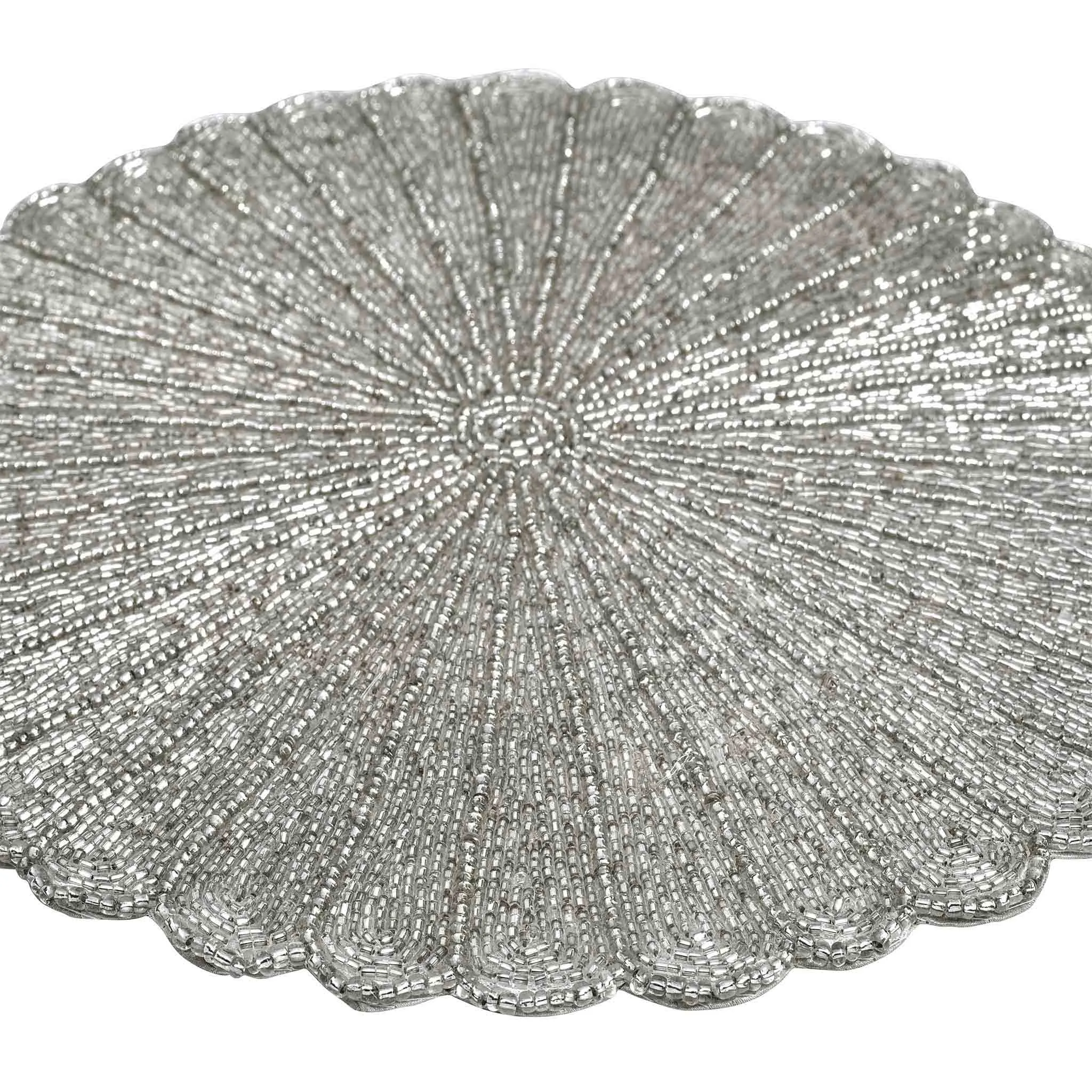 Scalloped Bead Embroidered Placemat in Silver, Set of 2