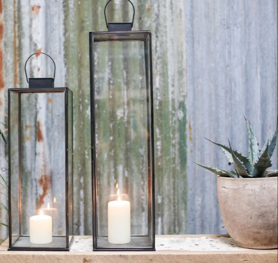 Tall Antiqued Metal Box Lantern - Sienna - Three Sizes