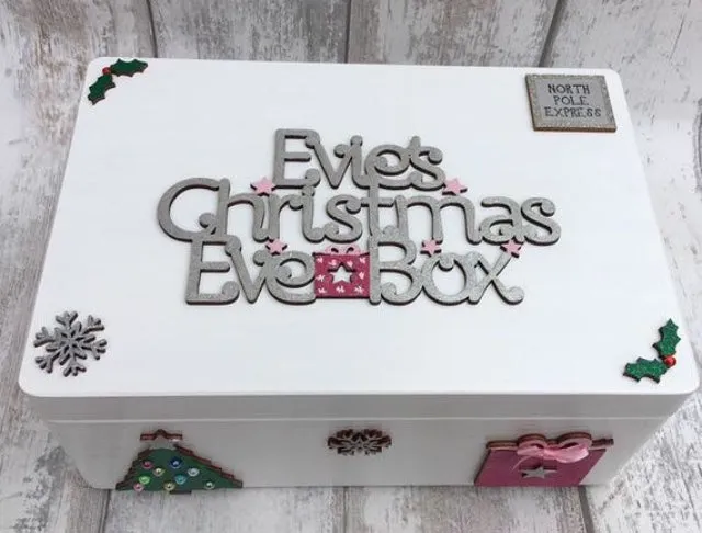 White Wooden Christmas Eve Box With Personalised Topper