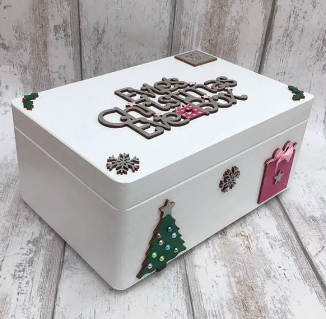 White Wooden Christmas Eve Box With Personalised Topper