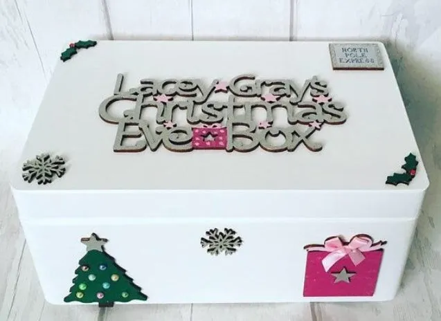 White Wooden Christmas Eve Box With Personalised Topper