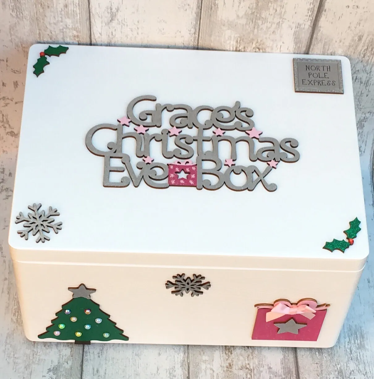 White Wooden Christmas Eve Box With Personalised Topper