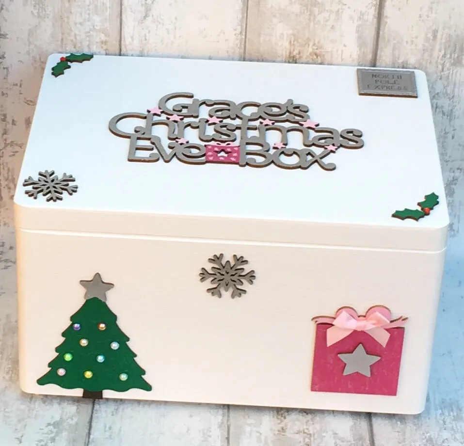 White Wooden Christmas Eve Box With Personalised Topper