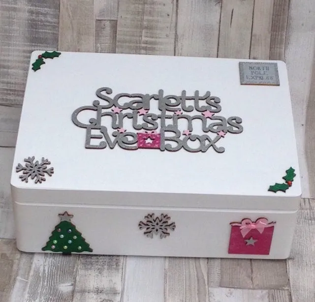 White Wooden Christmas Eve Box With Personalised Topper