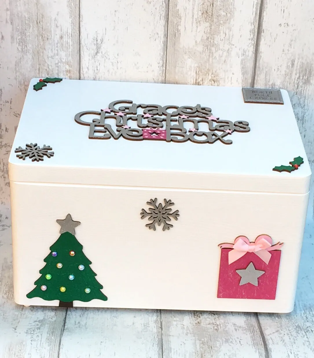 White Wooden Christmas Eve Box With Personalised Topper