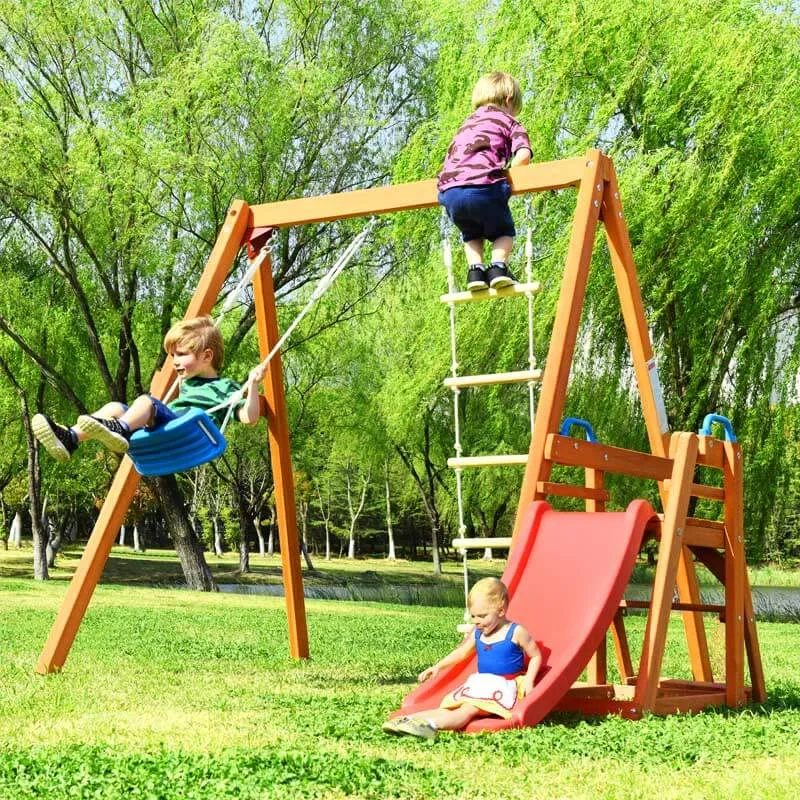 Wooden Swing Set with Slide